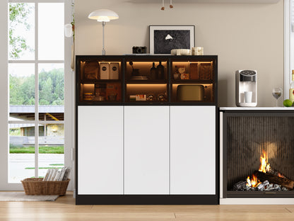 Sideboard,Küchenschrank, Aufbewahrungsschrank. Geeignet für Wohnzimmer, Küche, Esszimmer, mit Beleuchtung, 3 Glastüren, 3 weiße Türen, 100 x 40 x 105 cm, (Old Sku: N657P36865556S)
