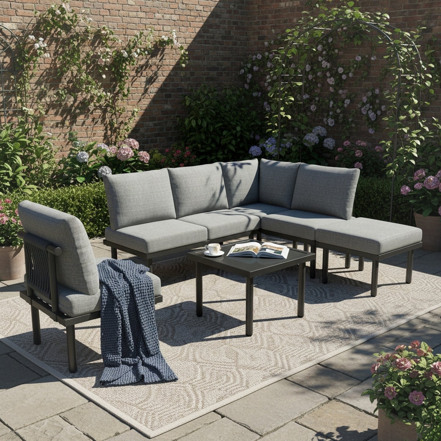 Gigab2b original image - Garten-Lounge-Set mit Rahmen aus verzinktem Eisen, 6er-set,Gartenmöbel-Set aus Seil, graues Seil, verstellbare Füße, Tischplatte aus glattem Glas, inklusive aller Sitz- und Rückenkissen,grau