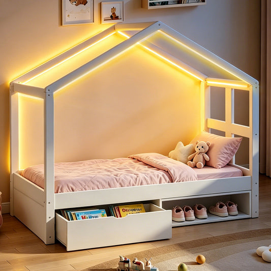 Gigab2b original image - Holzbett 90×190 cm, mit Schubladen und kleinem Schuhschrank, mit mehrfarbiger LED-Beleuchtung, Lattenrost, Einzelbett, Jugendbett, Weiß