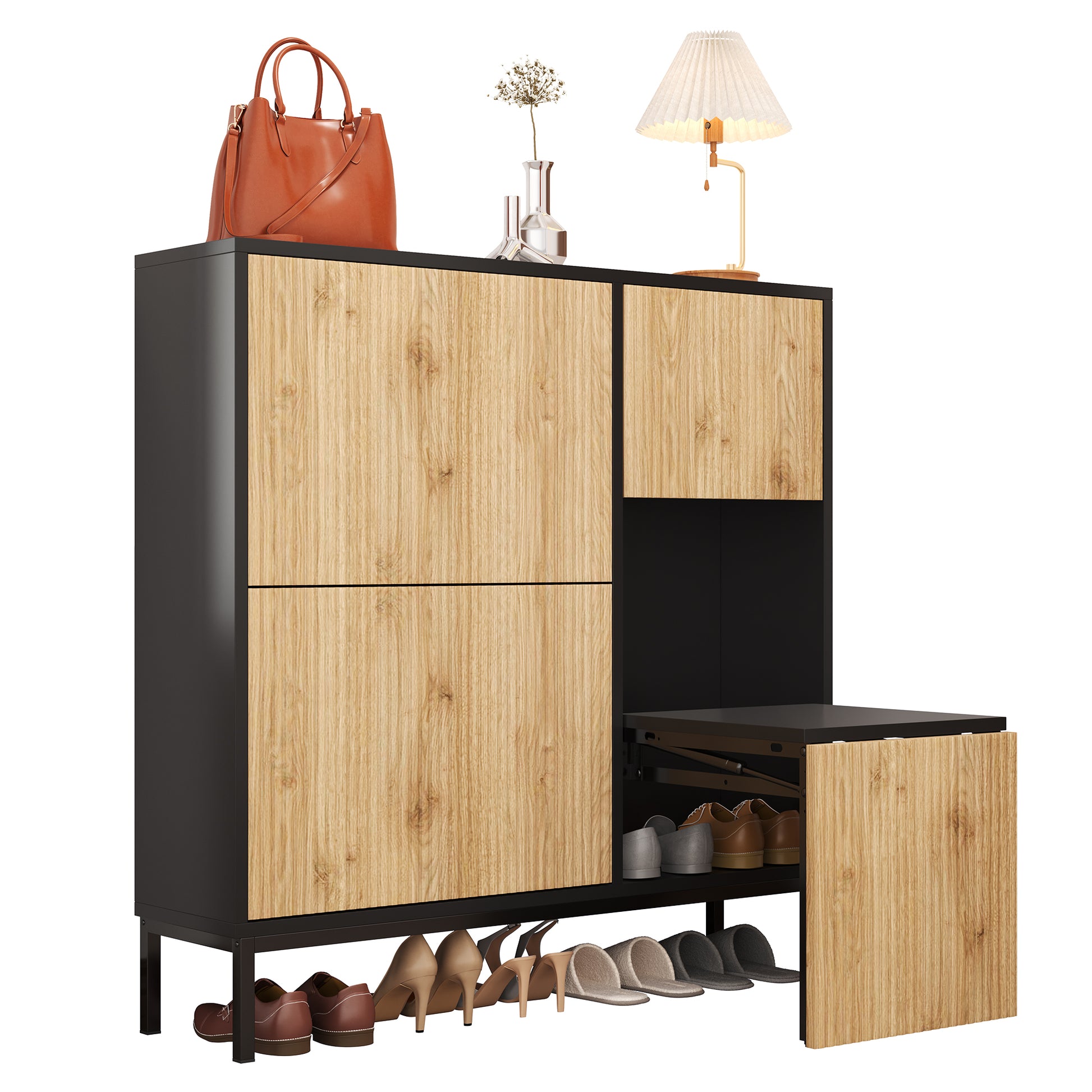 Gigab2b original image - Schuhschrank mit Schuhwechselhocker, Schuhregal mit drei Klappen und offener Ablagefläche, geeignet für Flur, Schlafzimmer