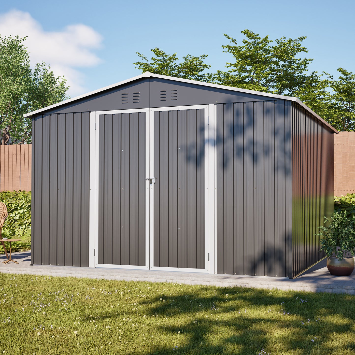 10'x10' Metal Storage Shed with Floor Frame, Heavy Duty Steel Garden Shed, Lockable Doors & Weather Resistant for Backyard Patio Lawn – Grey