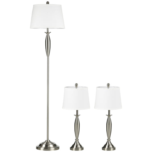 3-tlg Lampenset Stehleuchte & 2 Tischlampen E27 Silber und Weiß für Wohnzimmer Schlafzimmer moderne Beleuchtung