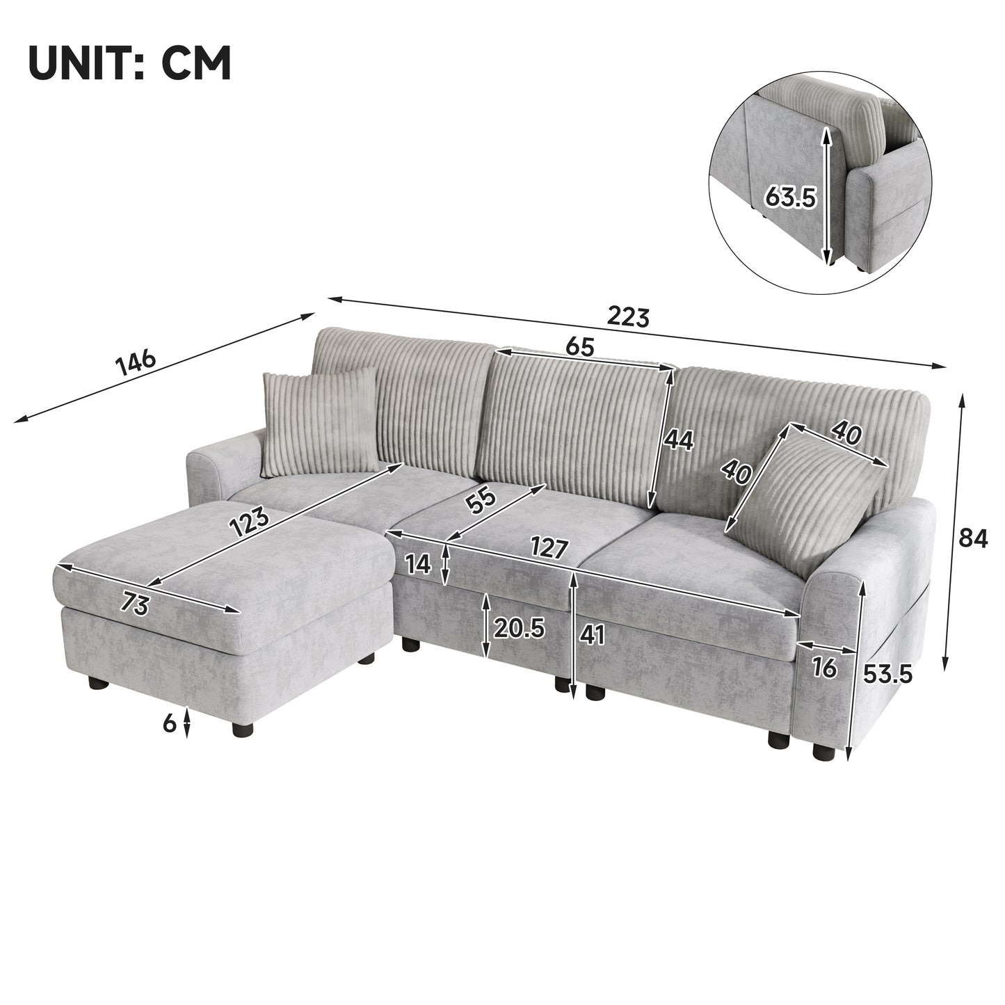 Modernes Sofa mit 1 Fußhocker, 2 quadratischen Kissen, 1 USB-Anschluss und 1 Type-C-Anschluss, Grau (Maße: B223 × H84 × T146 cm)