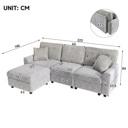 Modernes Sofa mit 1 Fußhocker, 2 quadratischen Kissen, 1 USB-Anschluss und 1 Type-C-Anschluss, Grau (Maße: B223 × H84 × T146 cm)