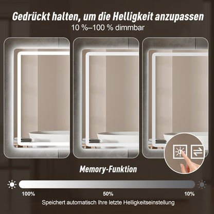60×100cm Rahmenloser LED Badezimmerspiegel mit Mattierter Frontbeleuchtung, Anti-Beschlag, 3 Lichtfarben, Stufenlos Dimmbar, Memory-Funktion, Horizontal & Vertikal Montierbar, IP44 Wasserdicht