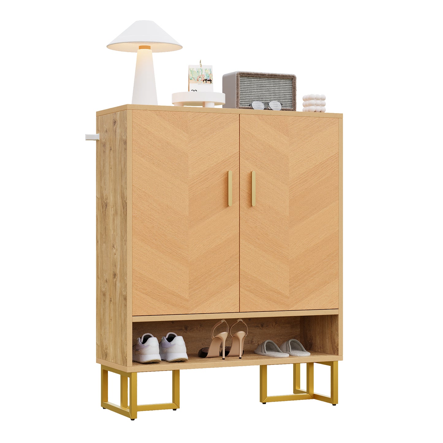 Gigab2b original image - Moderner, minimalistischer Schuhschrank , Einzigartige Holzmaserung ,Goldener Eisenrahmen , Zweitüriger Aufbewahrungsschrank,  Schuhschrank schmal, Schuhregal Schuhkipper, Diele Flur