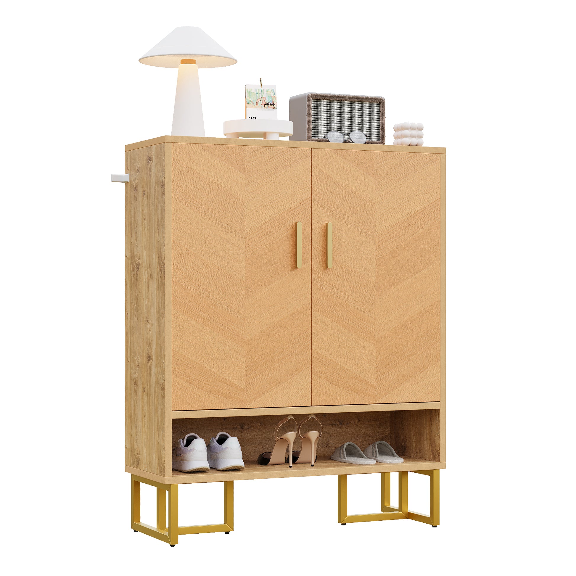 Gigab2b original image - Moderner, minimalistischer Schuhschrank , Einzigartige Holzmaserung ,Goldener Eisenrahmen , Zweitüriger Aufbewahrungsschrank,  Schuhschrank schmal, Schuhregal Schuhkipper, Diele Flur