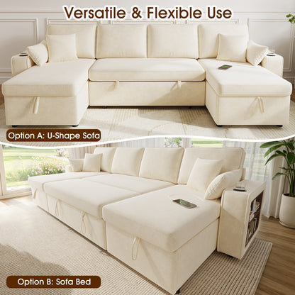 U‑förmiges Ecksofa mit Schlaffunktion, ausziehbares Schlafsofa, integrierter Stauraum, doppelte Chaiselongue mit verstecktem Stauraum, Becherhalter, USB‑Ladeanschluss und Armlehnen‑Ablage,Beige