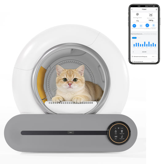65L Adaptive selbstreinigende Katzentoilette für mehrere Katzen, automatische Schöpfung, geeignet für viele Arten von Streu, Infrarotsensor, eliminiert Geruch, APP-gesteuert, sichere Kindersicherung,