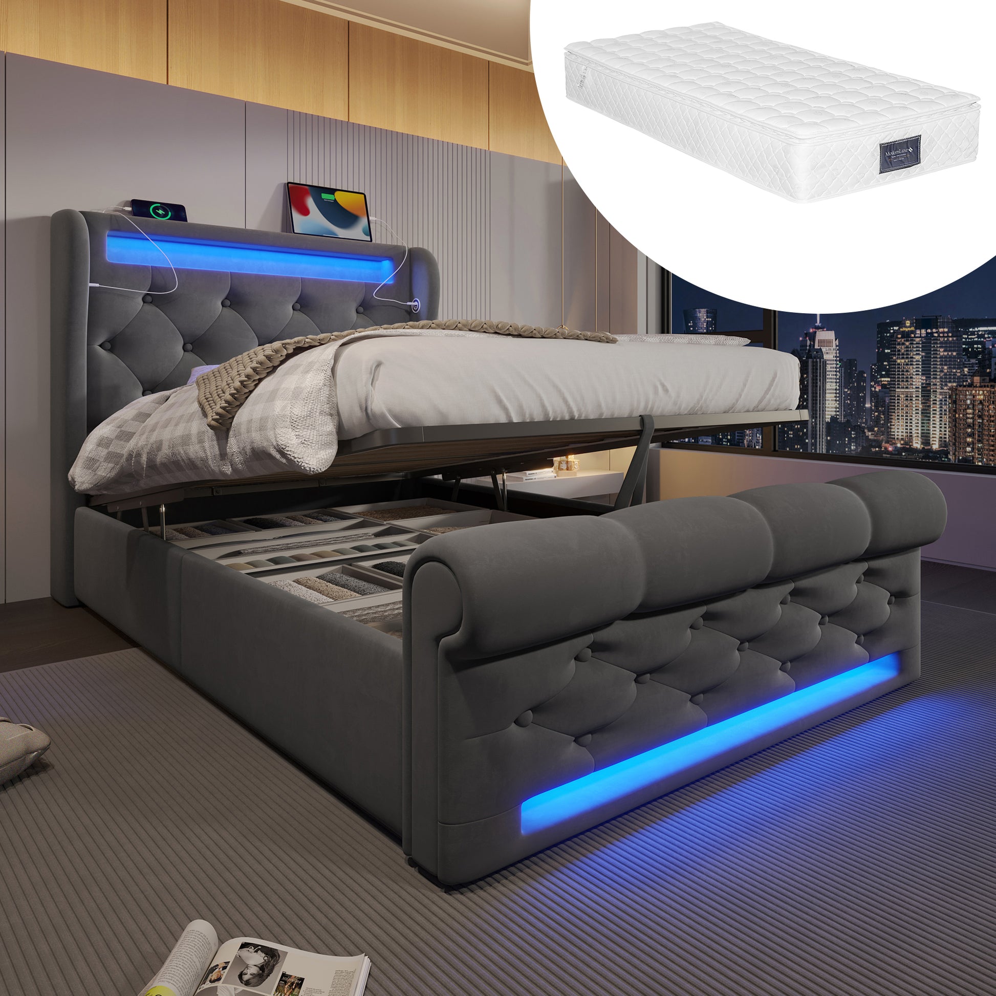 Gigab2b original image - Modernes Polsterbett Einzelbett 90x200cm, Polsterbett mit LED-Leuchten,Stauraum-Kopfteil mit USB- und Typ-C-Anschlüssen, Hydraulisches Stauraumbett, Grau, Samt(Mit Matratze)