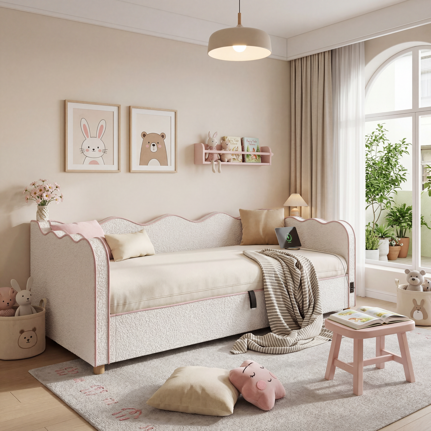 Daybett 90x200 cm mit hydraulischem Stauraum, Polsterbett, Tagesbett, Schlafsofa mit USB & Rückenlehne, bouclé, beige