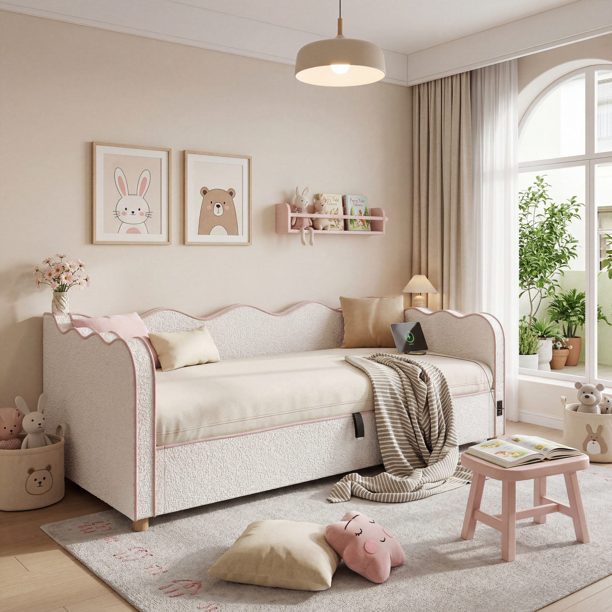 Daybett 90x200 cm mit hydraulischem Stauraum, Polsterbett, Tagesbett, Schlafsofa mit USB & Rückenlehne, bouclé, beige