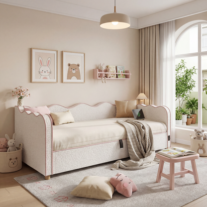 Daybett 90x200 cm mit hydraulischem Stauraum, Polsterbett, Tagesbett, Schlafsofa mit USB & Rückenlehne, bouclé, beige