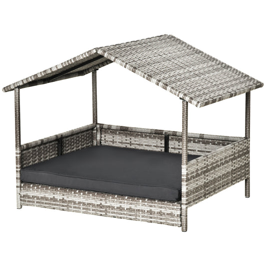 Gigab2b original image - Rattan Hundehaus mit Kissen, Hundebett im Hausform, Outdoor Hundehütte, Stahlrahmen, Kunststoff, Grau, 69 x 98 x 70 cm
