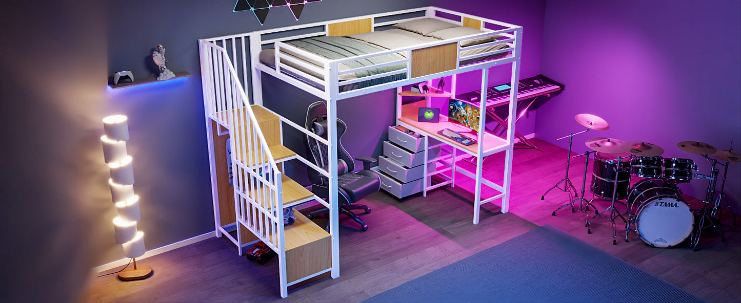 Metal Loft Bed with Desk, Storage, and Clothes Rail