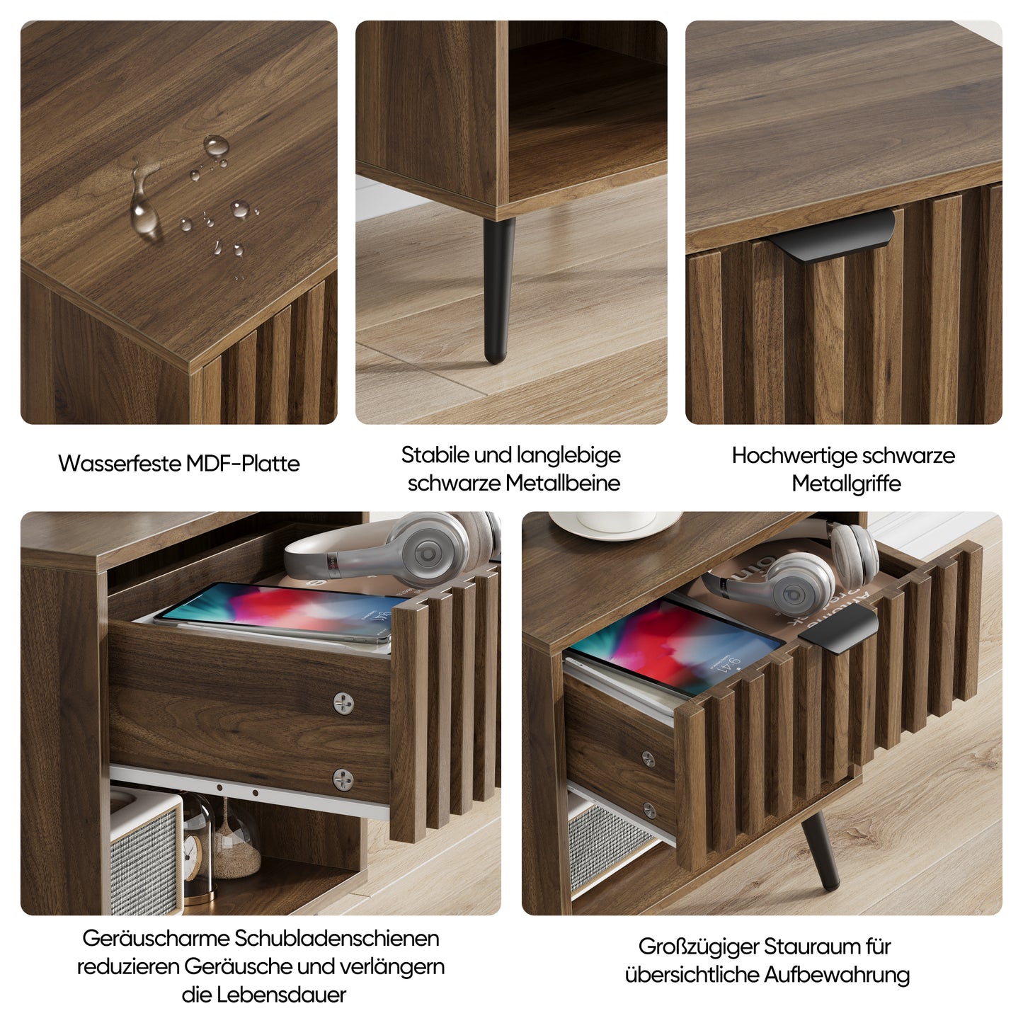 Moderner Nachttisch mit integrierter Schublade. Geeignet für Schlafzimmer, Flur, Wohnzimmer und Kinderzimmer. Farbe: Walnuss. Maße: 45 x 40 x 53 cm. 1 Stück.