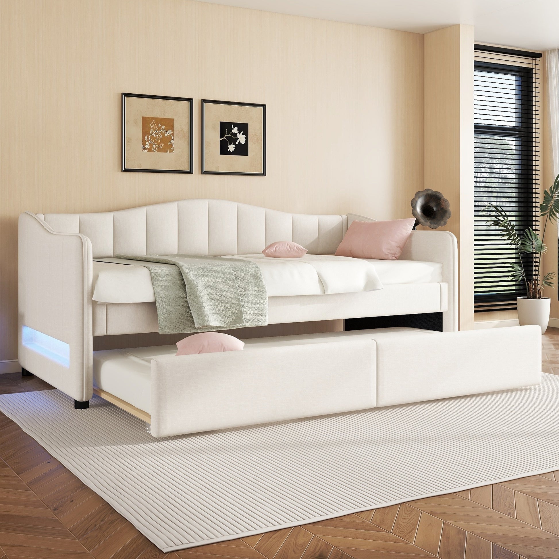 Daybettt, 90x200cm Tagesbett mit ausziehbarem Bett, Schlafsofa, Einzelbett(Ohne Matratze), Ambiente-Licht-Design, Leinen, minimalistisches Styling, beige