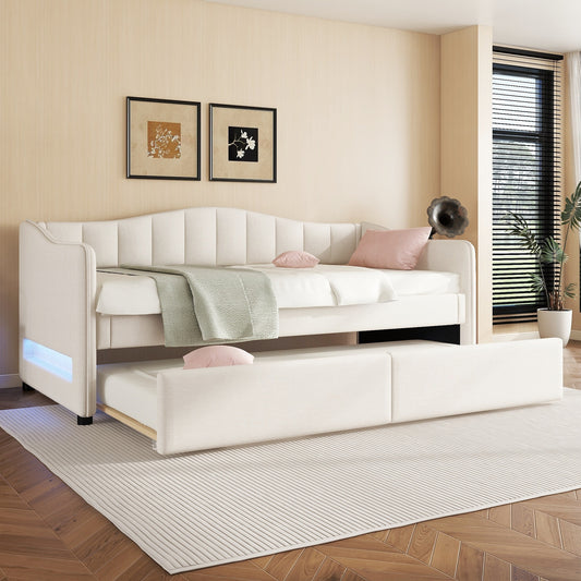 Daybettt, 90x200cm Tagesbett mit ausziehbarem Bett, Schlafsofa, Einzelbett(Ohne Matratze), Ambiente-Licht-Design, Leinen, minimalistisches Styling, beige