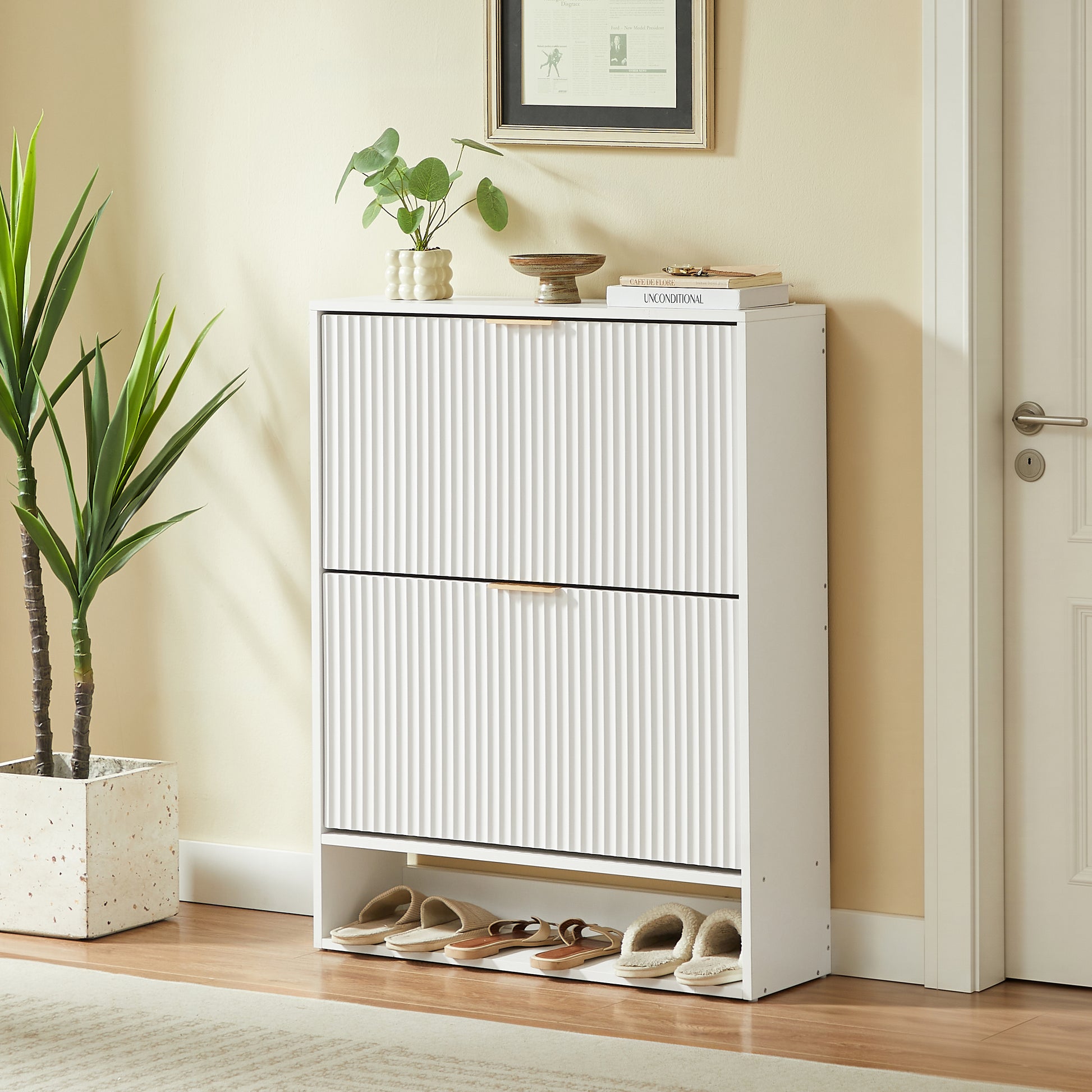 80 x 24 cm Schuhschrank mit Nutfront – Höhenverstellbar mit Kippschutz und Dekotisch für den Flur, in Weiß