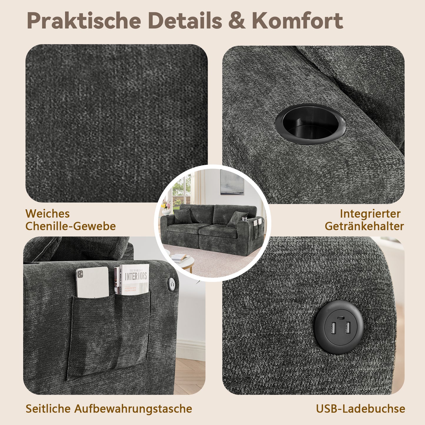 2-Sitzer-Relaxsofa für kleine Räume,aus weichem Chenille-Stoff,ausgestattet mit seitlicher Magazintasche,Getränkehalter und Kissen,geeignet für Wohnzimmer,Arbeitszimmer,Gästezimmer und Wohnungen,Black