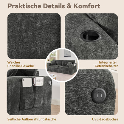 2-Sitzer-Relaxsofa für kleine Räume,aus weichem Chenille-Stoff,ausgestattet mit seitlicher Magazintasche,Getränkehalter und Kissen,geeignet für Wohnzimmer,Arbeitszimmer,Gästezimmer und Wohnungen,Black