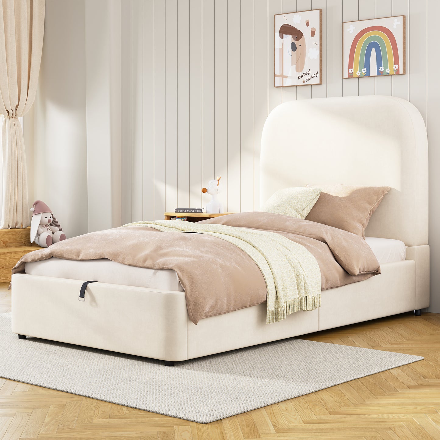 Polsterbett,Einzelbett, Kinderbett 90 x 190cm, hydraulisches Funktionsbett, Bett mit Lattenrost, Kopfteil und großem Stauraum, gepolstertes Kopfteil, Samt, beige