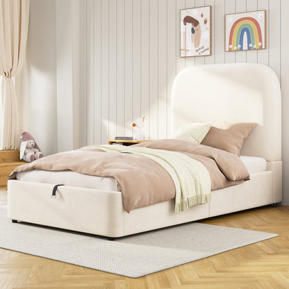 Polsterbett,Einzelbett, Kinderbett 90 x 190cm, hydraulisches Funktionsbett, Bett mit Lattenrost, Kopfteil und großem Stauraum, gepolstertes Kopfteil, Samt, beige