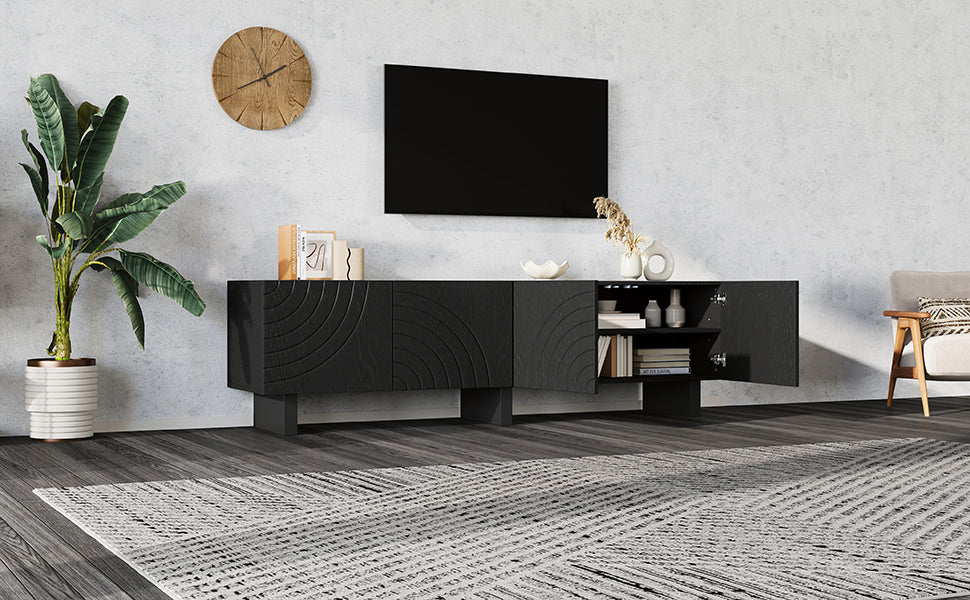 180 × 40 × 55 cm Schwarzes TV-Bank aus Spanplatte, Modernes Lowboard mit Struktur für Wohnzimmer,Fernsehschrank mit 4 Türen, TV-Halterung, Aufbewahrungsschrank.Geeignet für 75-Zoll-Fernseher
