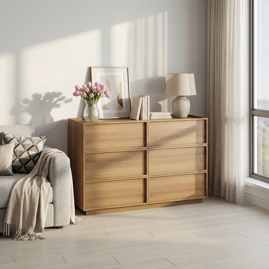 Gigab2b original image - Kommode mit sechs Schubladen, moderner Kleiderschrank/Schrank, Aufbewahrungsmöbel aus Holz, Schminktisch, geeignet für Wohnzimmer, Schlafzimmer, Flur,115 x 48 x 78cm Eichenfarbe