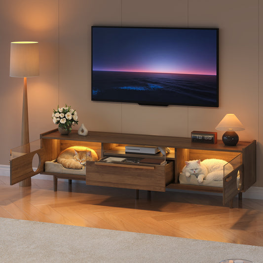 Gigab2b original image - Moderner Fernsehschrank mit LED-Beleuchtung – mit Katzenruheraum, Stützhebeln, stahlverstärkten Glastüren & 1 Schublade (ohne Katzenkissen), Nussbaumfarben, 180×40×50 cm
