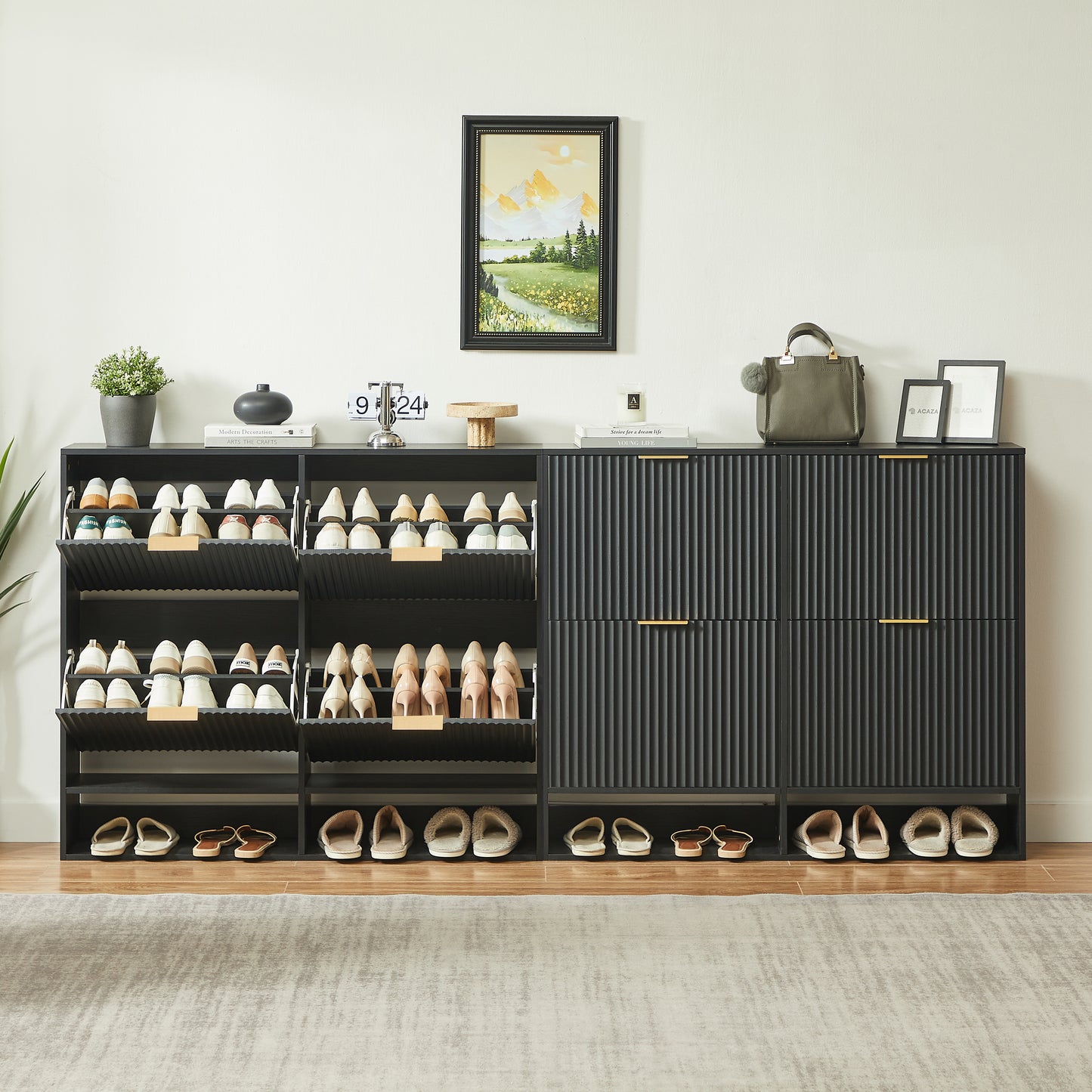 120 x 24 cm Schuhschrank mit Nutfront – Höhenverstellbar mit Kippschutz und Dekotisch für den Flur, in Schwarz