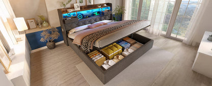 Polsterbett 140x190 cm mit Hydraulischem Stauraum & LED-Kopfteil, 4 Ladestation (USB/Type-C), Doppelbett Inkl. Lattenrost, Grauer Leinenstoff (Ohne Matratze)