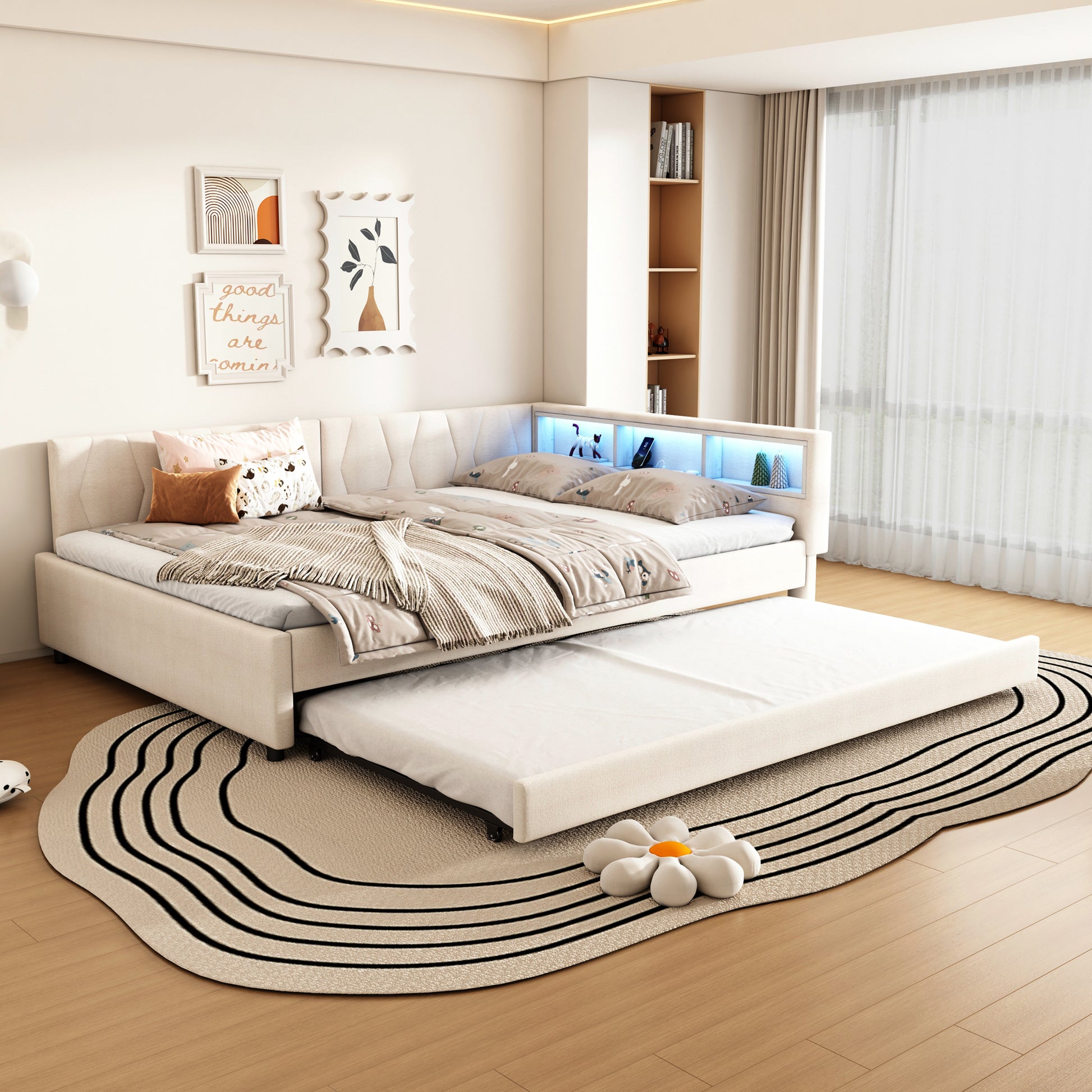 Daybett,140x200cm, Tagesbett, Schlafsofa, Ablagefach am Bett, USB+Typ C, Mit  LED-Lichtleiste, Bett mit ausziehbarem Bett, Bett mit Lattenrost (ohne Matratze), Leinen, Beige