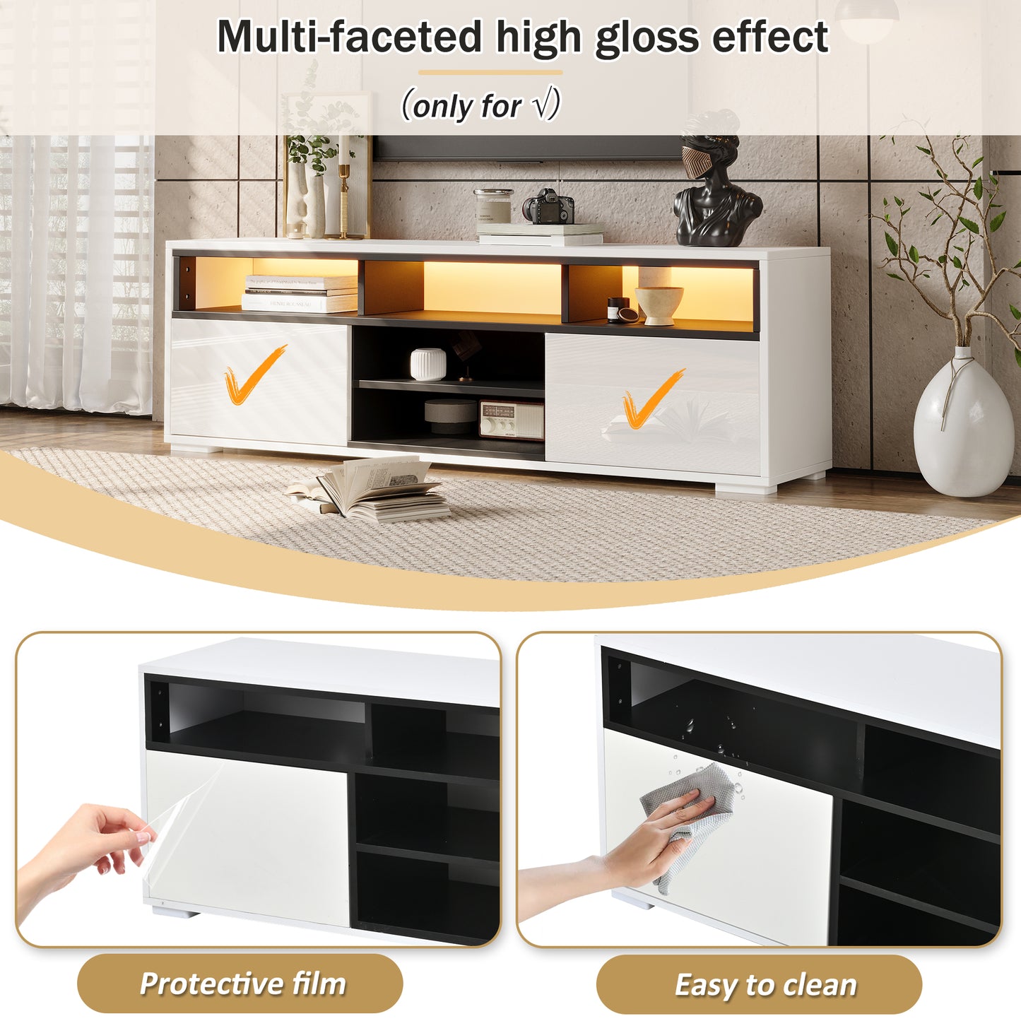 150 × 35 × 50 cm LED-TV-Bank aus Hochglanz-Spanplatte, Modernes Lowboard mit Stauraum für kleine Wohnzimmer,Unterschrank mit zwei Türen,8 Lagerräume,Speziell für kleine Wohnungen konzipiert