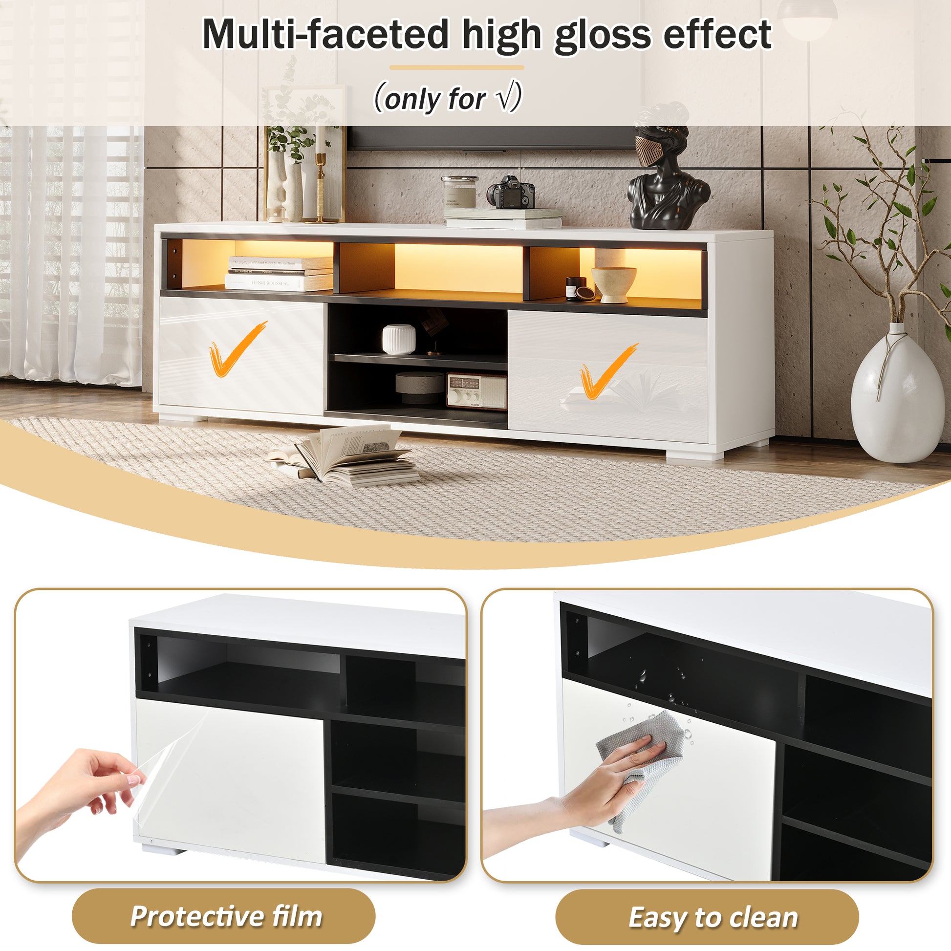 150 × 35 × 50 cm LED-TV-Bank aus Hochglanz-Spanplatte, Modernes Lowboard mit Stauraum für kleine Wohnzimmer,Unterschrank mit zwei Türen,8 Lagerräume,Speziell für kleine Wohnungen konzipiert