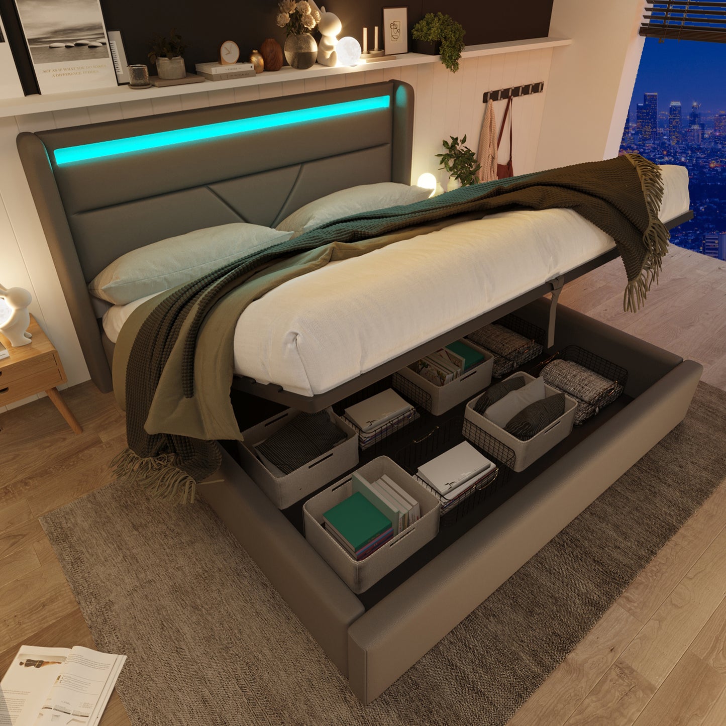 Gigab2b original image - Hydraulisch Stauraumbett mit LED-Beleuchtungsleiste, Doppelbett  Bettgestell  Polsterbett 140x200cm, Funktionsbett, Grau (Mit Fernbedienung)