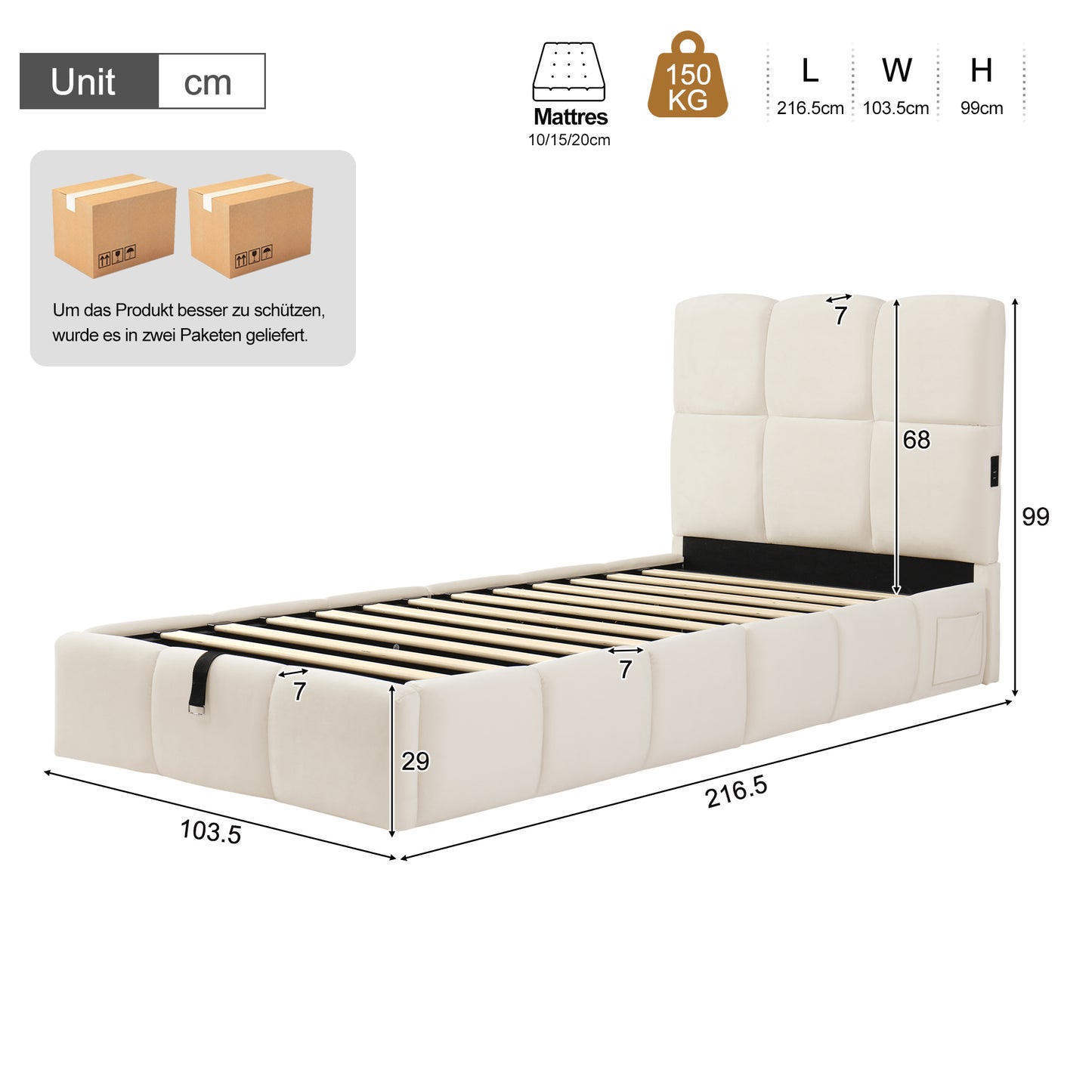 Polsterbett, Einzelbett, Kinderbett 90 x 200cm, hydraulisches Funktionsbett, Bett mit Lattenrost, Kopfteil, großem Stauraum und  USB-Ladeanschluss, gepolstertes Kopfteil, samt, beige