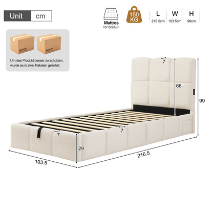 Polsterbett, Einzelbett, Kinderbett 90 x 200cm, hydraulisches Funktionsbett, Bett mit Lattenrost, Kopfteil, großem Stauraum und  USB-Ladeanschluss, gepolstertes Kopfteil, samt, beige