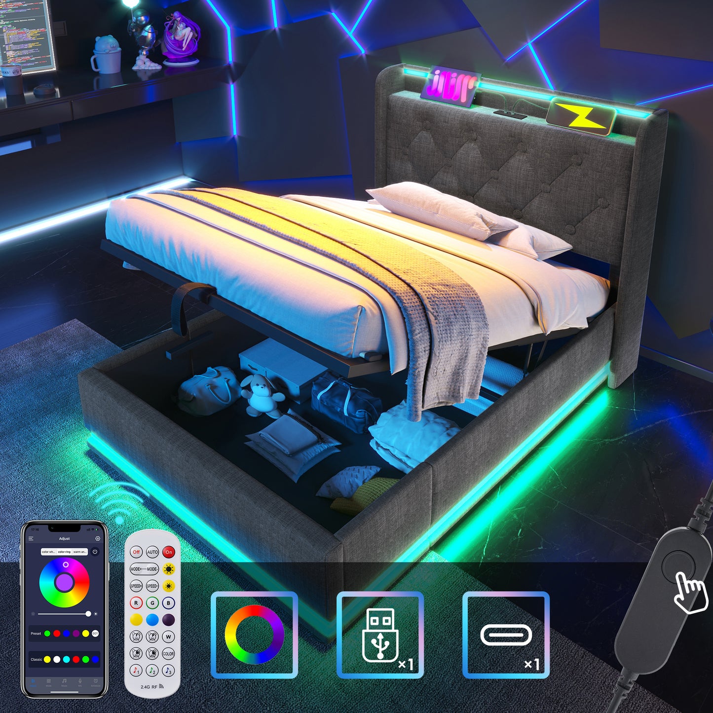 Gigab2b original image - Polsterbett einzelbett,360-Surround-LED-Funktion, Drucktaste/App/Fernbedienung,90*200 cm, Grau Leinen-Material Hydraulisches Lagerbett, gepolstertes Kopfteil mit USB Typ-C Ladefunktion (Ohne Matratze)
