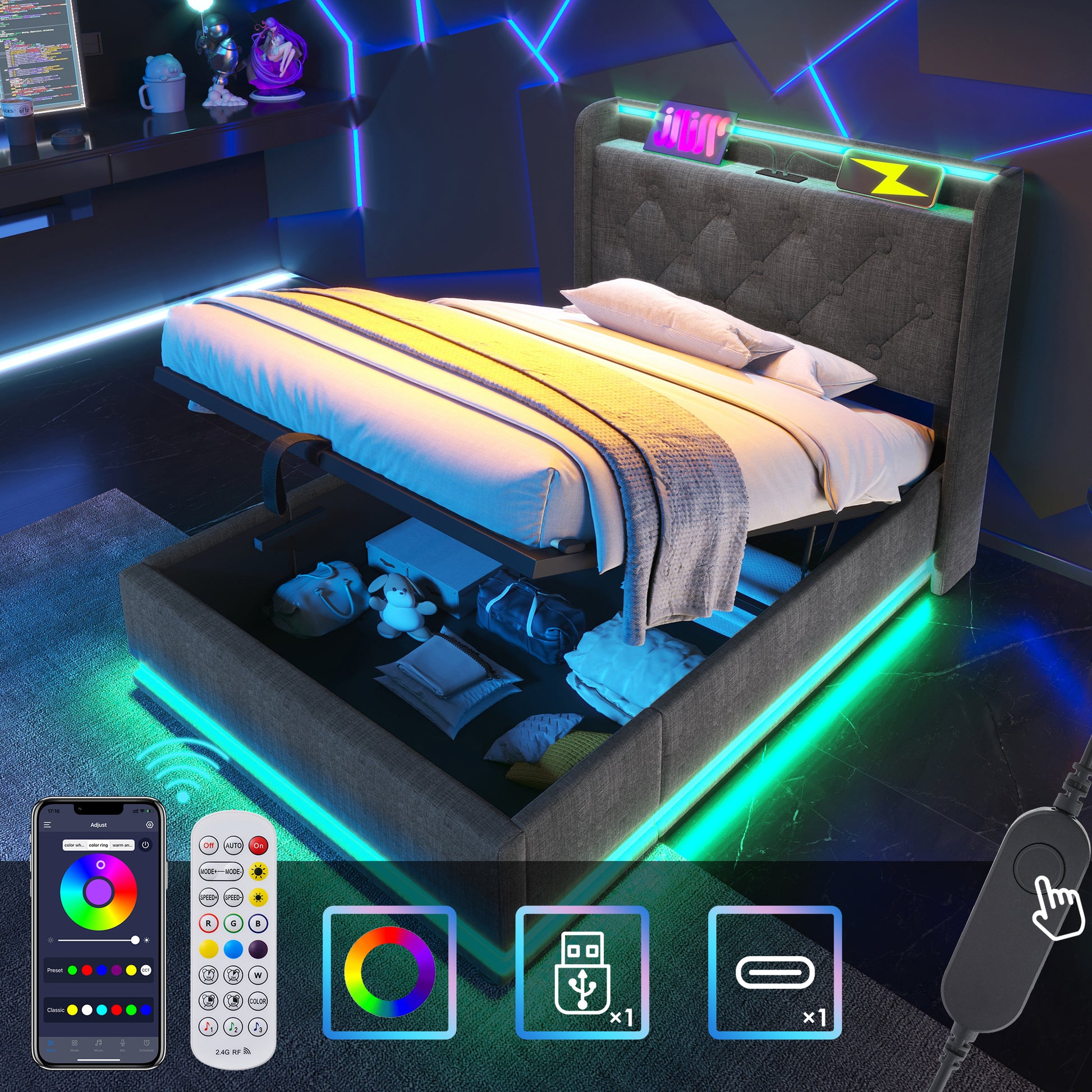 Gigab2b original image - Polsterbett einzelbett,360-Surround-LED-Funktion, Drucktaste/App/Fernbedienung,90*200 cm, Grau Leinen-Material Hydraulisches Lagerbett, gepolstertes Kopfteil mit USB Typ-C Ladefunktion (Ohne Matratze)