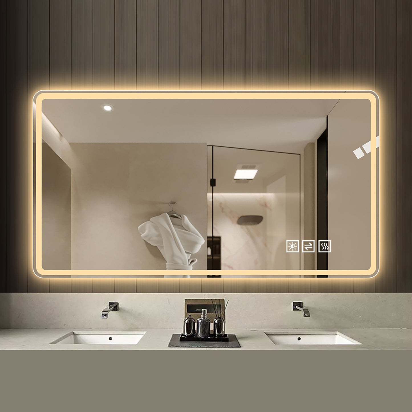 60×100cm Rahmenloser LED Badezimmerspiegel mit Mattierter Frontbeleuchtung, Anti-Beschlag, 3 Lichtfarben, Stufenlos Dimmbar, Memory-Funktion, Horizontal & Vertikal Montierbar, IP44 Wasserdicht