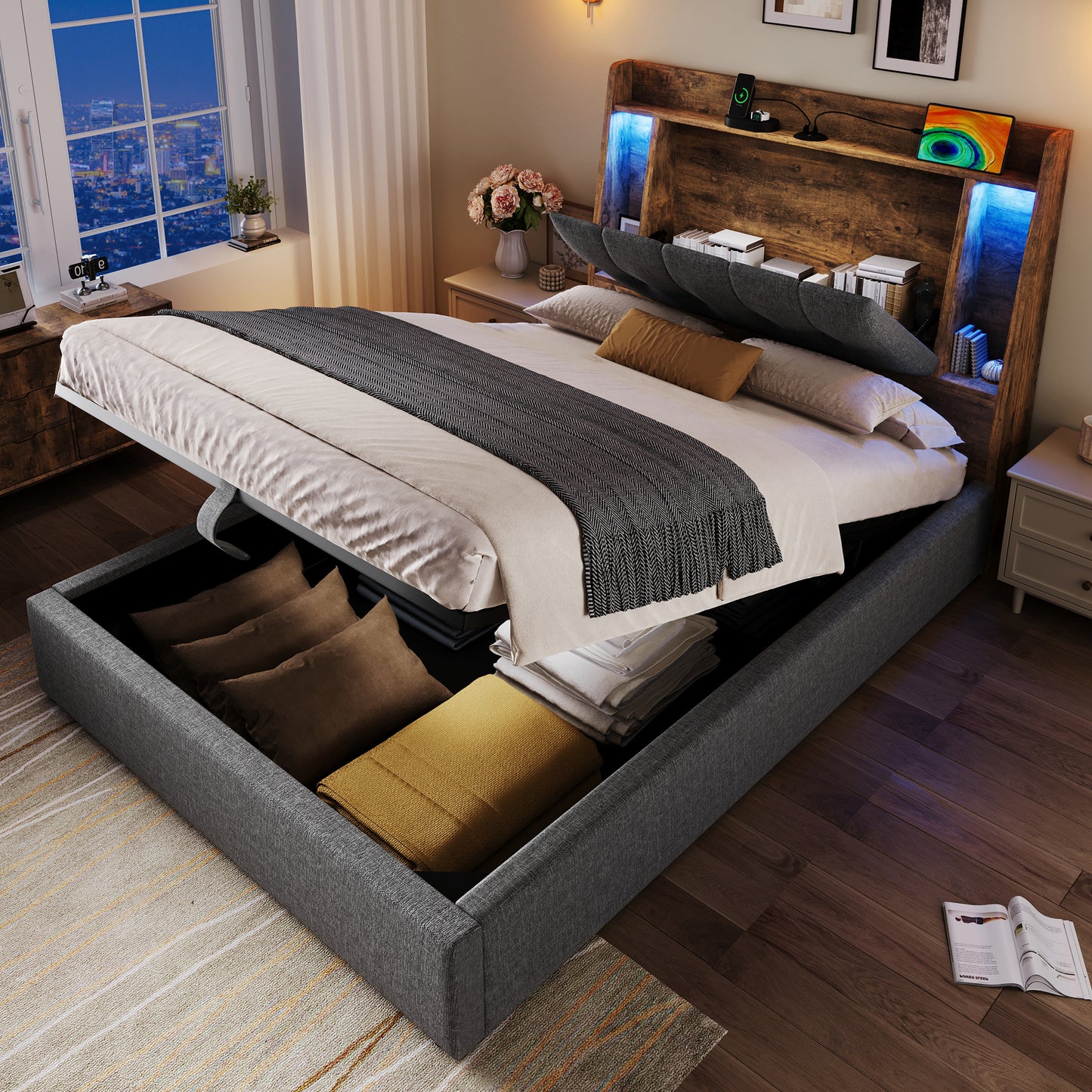 Gigab2b original image - Polsterbett , 90x200 cm, Mit USB Typ-C Ladefunktion,Ohne Matratze,Flip-Top-Aufbewahrungsfach, Multifunktionale Aufbewahrung, LED-Beleuchtung, Drucktaste/Appdienung,Leinen, Grau