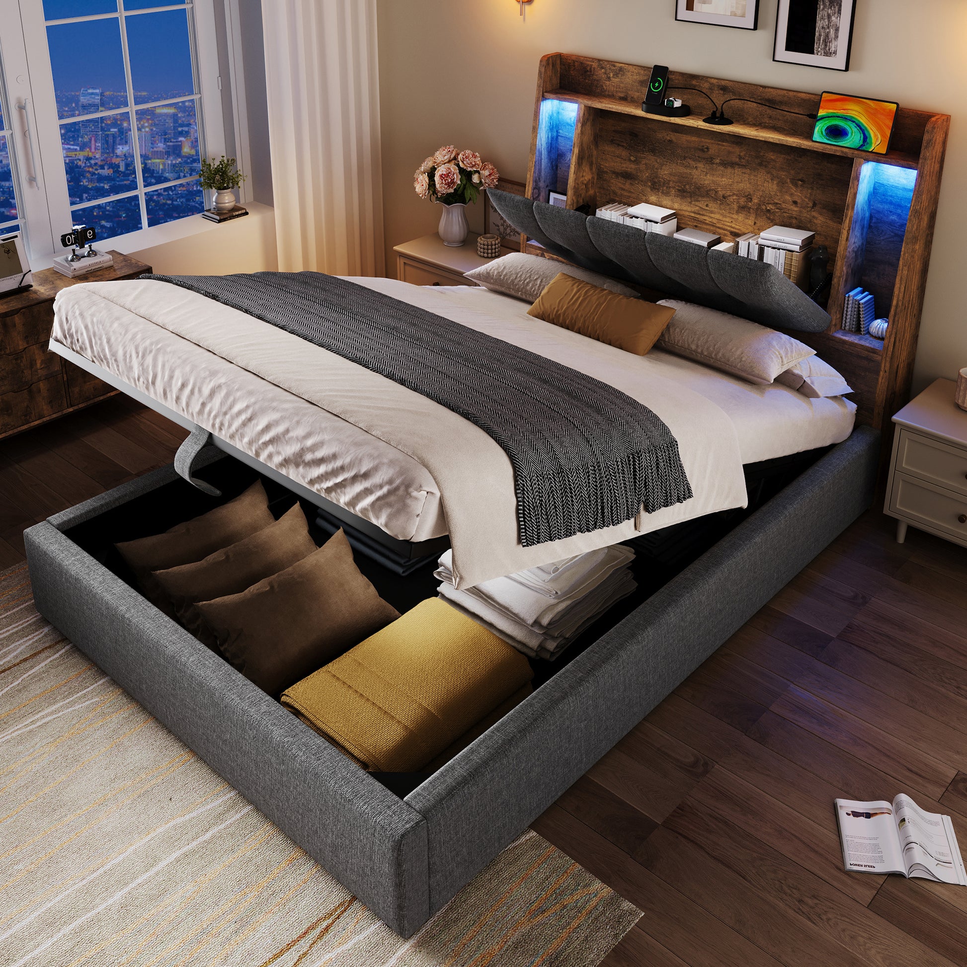 Gigab2b original image - Polsterbett , 90x200 cm, Mit USB Typ-C Ladefunktion,Ohne Matratze,Flip-Top-Aufbewahrungsfach, Multifunktionale Aufbewahrung, LED-Beleuchtung, Drucktaste/Appdienung,Leinen, Grau