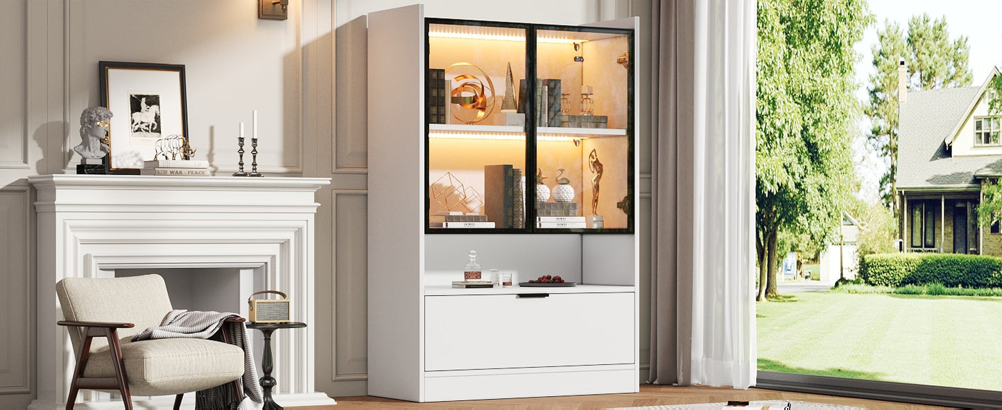 Moderne LED Vitrine Matt Höhe 120cm mit LED-Beleuchtung, Glasvitrine Standvitrine mit Beleuchtung, Wohnzimmerschrank mit Glastüren und Klapptür, Spanplatte Display Schrank,Weiß