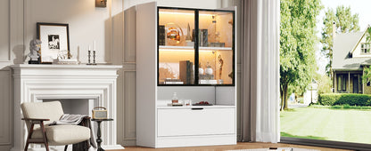 Moderne LED Vitrine Matt Höhe 120cm mit LED-Beleuchtung, Glasvitrine Standvitrine mit Beleuchtung, Wohnzimmerschrank mit Glastüren und Klapptür, Spanplatte Display Schrank,Weiß
