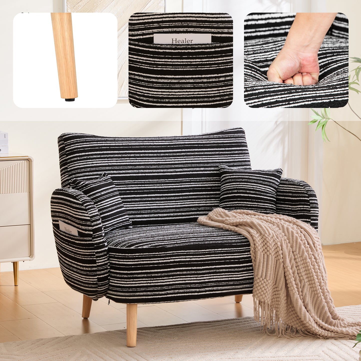 Gigab2b original image - Modernes Zweisitzer-Sofa im Stil, mit superbequemen Armlehnen, Armlehnenkissen und Aufbewahrungstasche, tiefes Zweisitzer-Sofa, komfortables modernes Sofa für Schlafzimmer, kleine Räume(Schwar Bouclé)