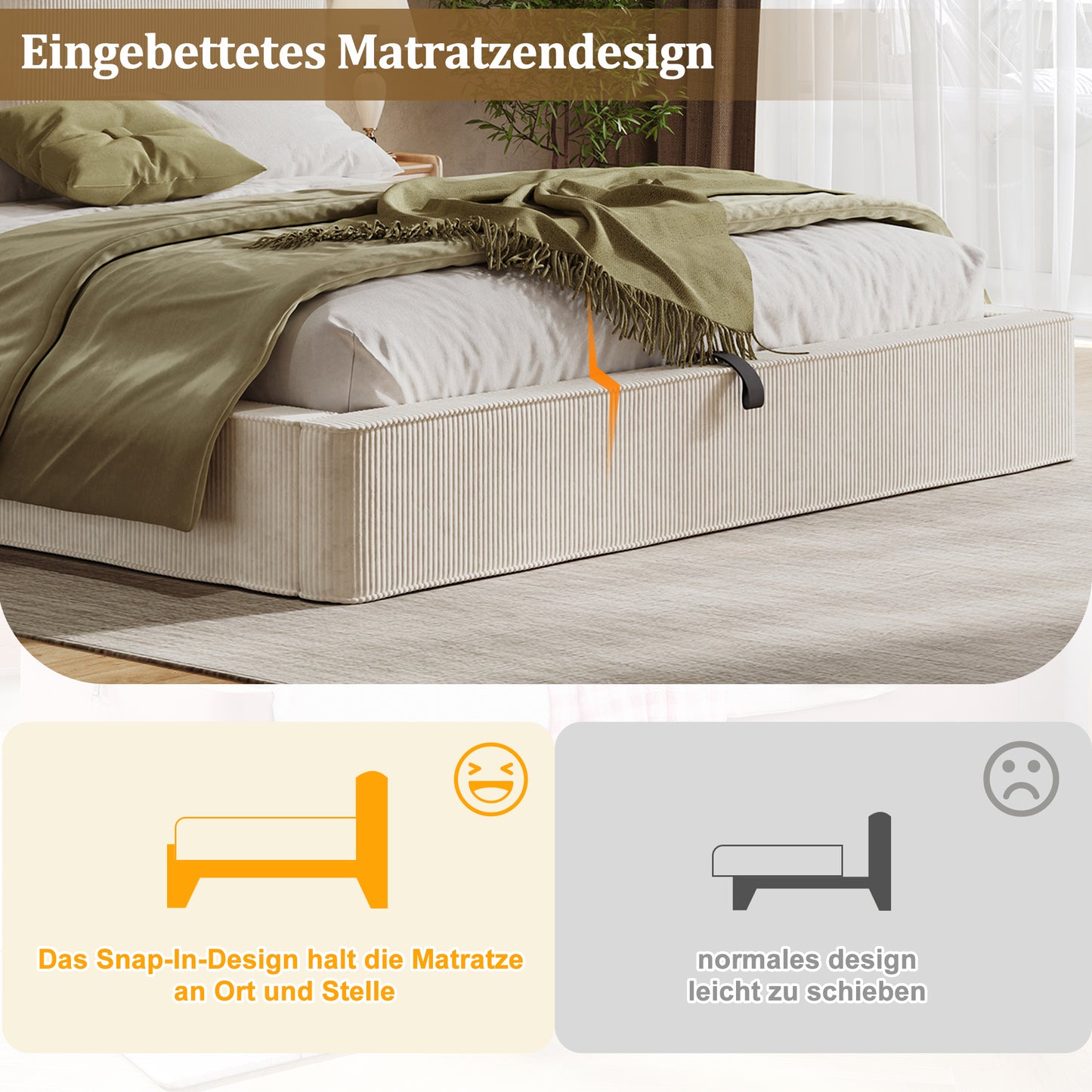 Polsterbett,Doppelbett,180 x 200cm,hydraulisches Funktionsbett,Bett mit Lattenrost, Kopfteil, gepolstertes Kopfteil, Beige, Cord