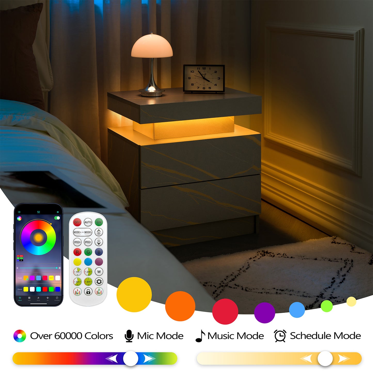 Modern LED Nightstands Set of 2 with Drawers and Cabinet Lights for Bedroom