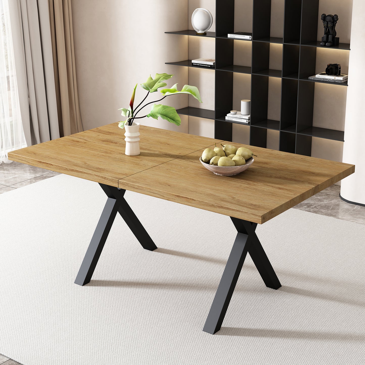 Gigab2b original image - Esstisch, Design mit gekreuzten Beinen, rechteckiger Esstisch, Couchtisch, moderner, einfacher Esstisch aus Schmiedeeisen, L140*B80*H76cm,Eiche+schwarz[OLD SKU:N634P243368A]