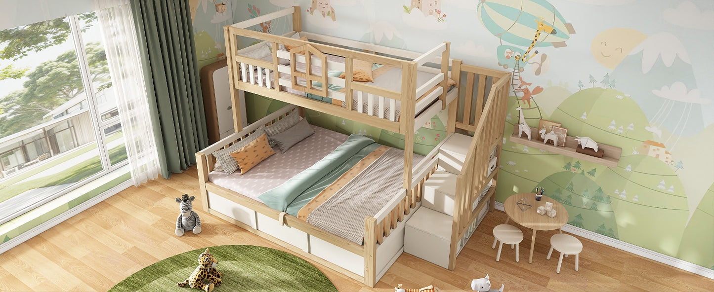 Children's Bunk Bed with Window and Safety Railing in White & Natural Wood
